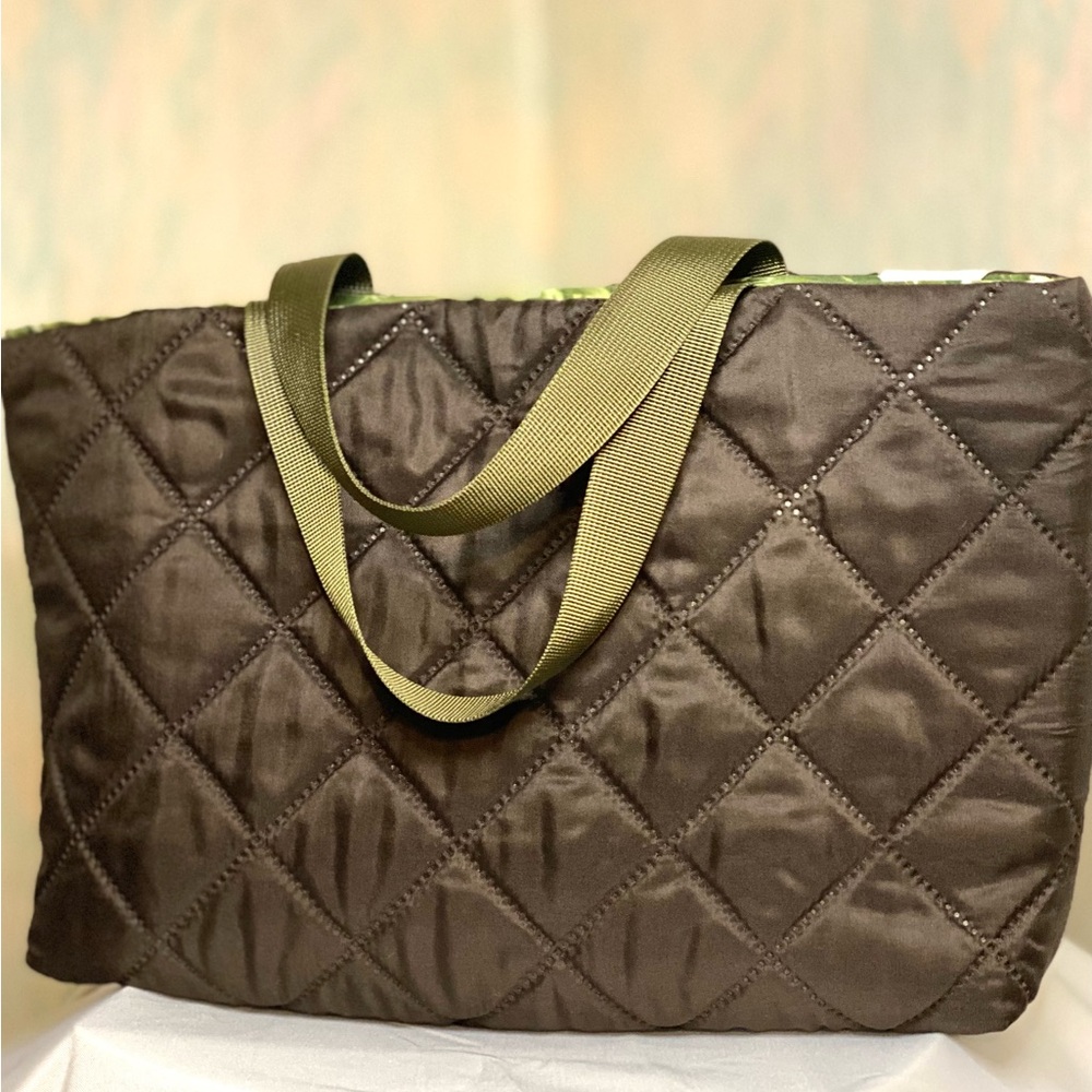 Upcycled Quilted Brown Tote Bag with Green Straps